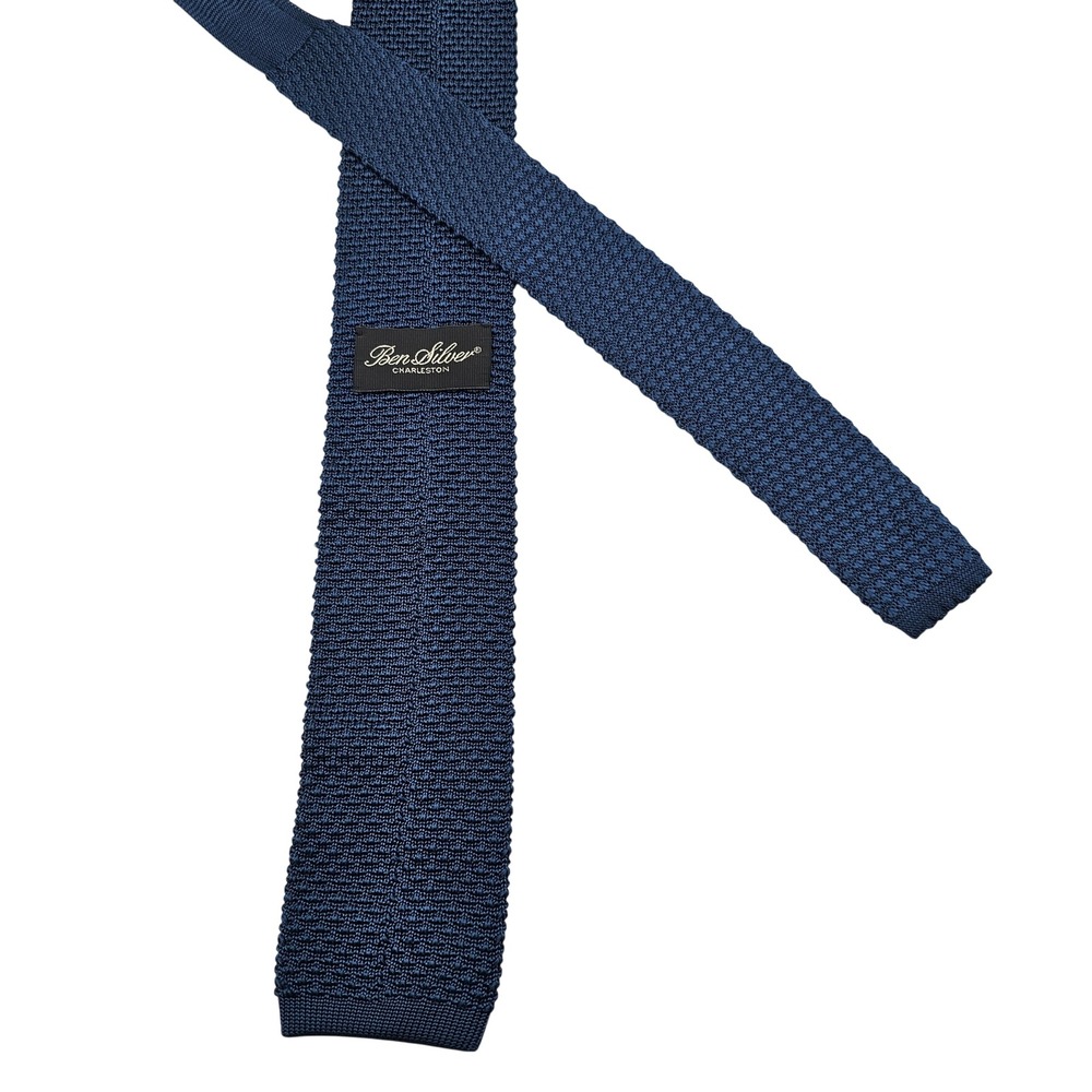 Ben Silver Charleston Navy Blue 100% Silk Knit Square End Tip Neck Tie 2.75"x57"